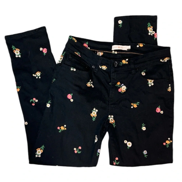 Tory Burch Brindle Black Floral Embroidered Cropped Jeans Business Casual Twee - Picture 2 of 2